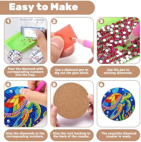 CRZMODE 8 Pcs Stained Glass Animals Diamond Art Coasters Kits, Diamond Painting Coasters with Holder Set of 8, DIY Animals Art Crafts Supplies for Adults Cup Mat House Warming Gifts Non-Slip