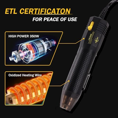350W Heat Gun 2-Temp 392°F/662°F Hot Air Gun for Crafts & Shrink Tubing | 1.5s Fast Heat, Overheat Protection, UL Cord, 6.56ft Cable with Stand, 2 Nozzles for Resin, Epoxy & DIY Projects