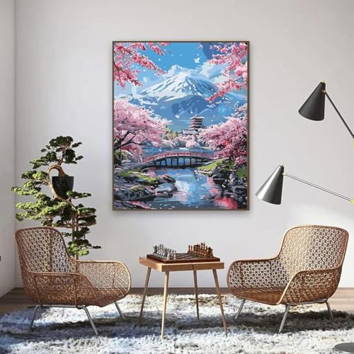 EIBEILI Mount Fuji Paint by Numbers Kit for Adults Beginner,Cherry Blossoms Adult Paint by Number Kits on Canvas,Easy Canvas Paint by Numbers for Adults for Home Wall Decoration 12 X 16 inch
