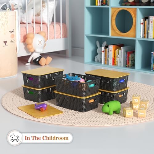 Ohmlove 6 Pack Plastic Storage Baskets with Bamboo Lids for Organization