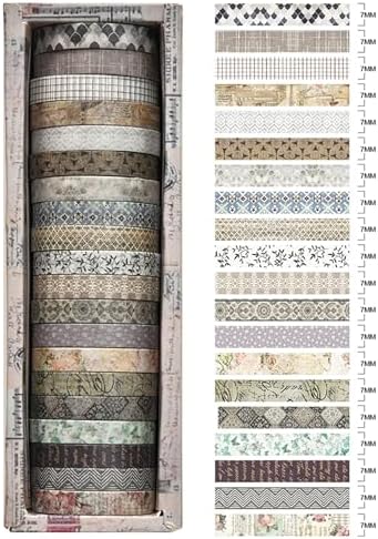 20 Rolls Skinny Vintage Washi Tape Set Retro Arts Adhesive Tapes Basic Patterns Decorative Masking Tape Sets for Craft, Kids, Scrapbook, DIY, Gift Wrapping (First Encounter)