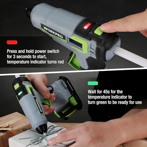 WORKPRO 20V Cordless Hot Melt Glue Gun Kit, 12 Pcs Full Size Glue Sticks