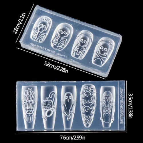2PCS Silicone Nail Art Molds, 3D Skull, Ghost, Pumpkin Nail Charms Molds