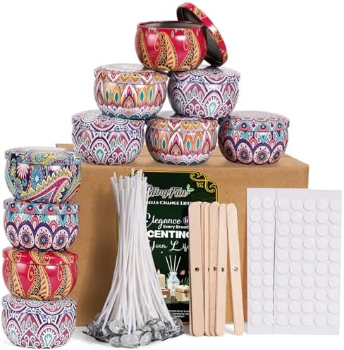 Blingfun 10 Packs 4 oz Candle Tins kit, Candle Making Tins, Candle Jars, 100pcs Candle Wicks, 100pcs Wick Stickers, Candle Containers for Making Candles (Flowers)