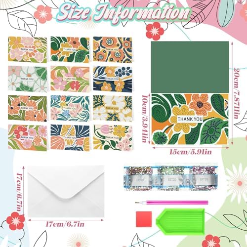 Saillong 12 Pack Thank You Diamond Painting Greeting Card Kit DIY Spring Flower Diamond Art Cards with Envelope Teacher Appreciation Gift 5D Rhinestones Painting Making Kit for Adult Teacher DIY Craft