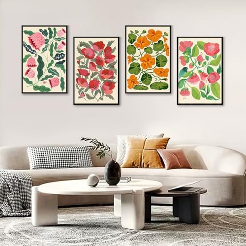 GEEHEIY 4 Pack Framed Paint by Numbers Kit for Adults, Flowers, 8 x 12 Inch | DIY Acrylic Painting by Numbers for Beginners, with Wooden Easel, Botanical Home Wall Decor, Stress Relief Craft Gift