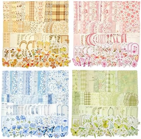 400Pcs Vintage Scrapbook Paper & Journaling Stickers Set, Mix Sizes Antiqu Printed Craft Paper, 4 Retro Design Junk Journal Supplies for DIY Card Making, Journaling, Photo Album & Decoration