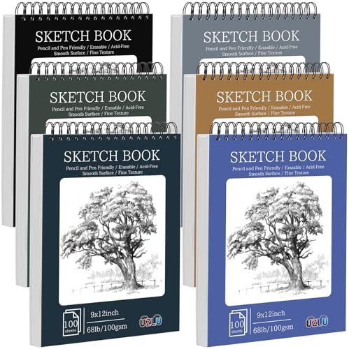 6 Pack Sketch Books Bulk 9x12 Inch Large Top Spiral Bound Sketch Pads 600 Total Sheets 6-Color Sketchbook Set 68lb/100gsm Acid-Free Drawing Paper for Students Beginners Artists Classroom Art Supplies