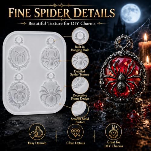 Gothic Ornate Frame Spider Silicone Resin Mold with Pre-Made Hanging Hole, 4 Cavity Spider Cameo Pendant Epoxy Mold, DIY Jewelry Charm Casting Supplies for Halloween & Christmas Crafts (ZZ01)