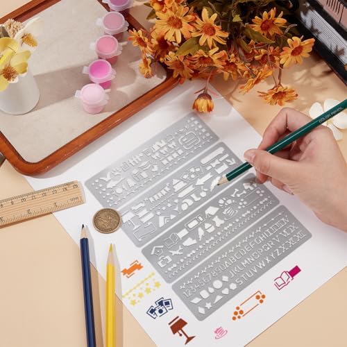 UNICRAFTALE 4Pcs Metal Stencils for Wood Burning Mixed Patterns Stencils Stainless Steel Reusable Templates Alphabet and Number Bookmark Ruler School Supplies for DIY Engraving Painting Scrapbooking