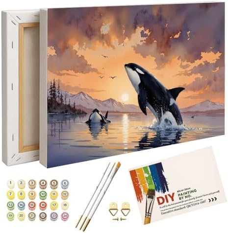 ENTORLAB Ocean Sunset Paint by Numbers Kit for Adults - DIY Orcas Leaping from Water Painting on Canvas 8X12IN Framed, Acrylic Paint Set, Suitable for Beginners, Art for Home Decoration or Gifts
