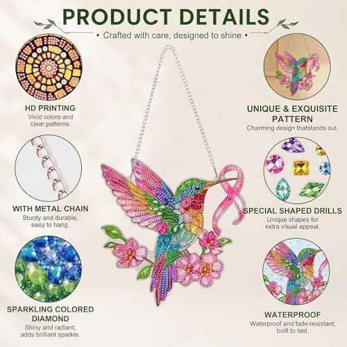 HMZephitiquc Hummingbird Hanging Diamond Art Kits for Adults, Special Shaped Crystal Diamond Painting Suncatchers, 5D Gem Art for Adults, Sun Catchers DIY Craft Kits for Gift Home Decor