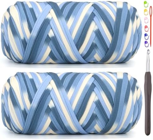 2 Pack Tshirt Yarn for Crocheting,Rainbow T Shirt Chunky Elastic Thick T-Shirt Crochet Yarn for Beginners Crocheting Hand Knitting Bag/Basket/Coasters/DIY Crafts/Home Decor 2 * 200G-Blue White Tone