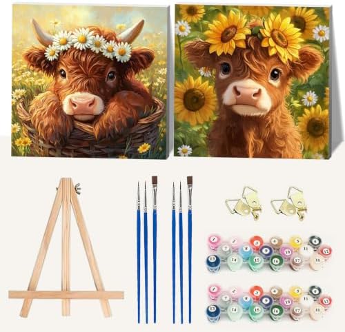 2 Pack Highland Cow Paint by Numbers Kit for Adults Framed Easel 10x10 inch | Highland Cow Adult Paint by Numbers, Paint by Number with Frame with Painting Brushes for Wall Decor DIY Acrylic Oil Painting