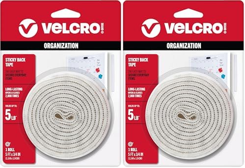 VELCRO Brand 5 Ft x 3/4 in | White Tape Roll with Adhesive | Cut Strips to Length | Sticky Back Hook and Loop Fasteners | Perfect for Home, Office or Classroom (Pack of 2)
