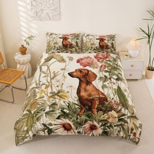 Erosebridal Dachshund Duvet Cover Full Size Wildflowers Bedding Set for Kids Boys Girls Animal Vintage Botanical Comforter Cover Watercolor Style Bedclothes Room Decor