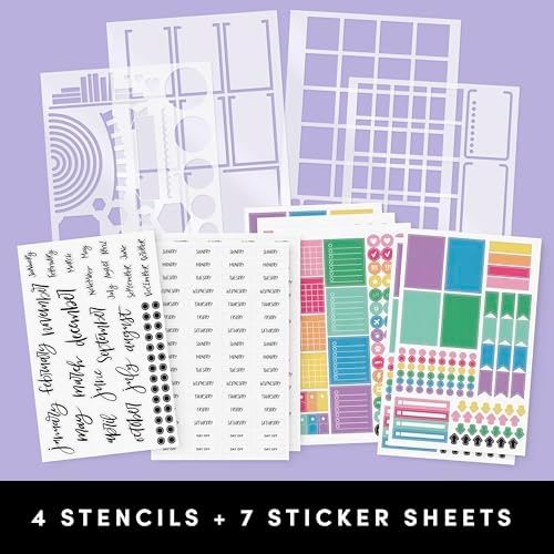 PAPERAGE Bullet Journal Kit, Dotted Journaling Set & Stationary Kit, Hardcover Dotted Journal Notebook (Navy), 12 fineliner Pens, 8 Sticker & 3 Stencil Sheets, 6 Washi Tapes