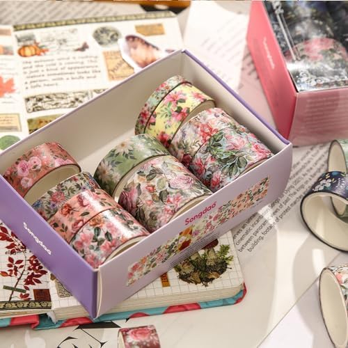 Floral Washi Tape Set - 15 Rolls Flowers Arts Adhesive Tapes Garden Blooms Decorative Masking Tape Sets for Craft, Kids, Scrapbook, DIY, Gift Wrloapping (6-Vintage Floral)