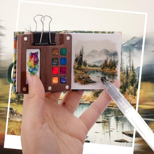 Qilery Mini Portable Watercolor Palette Set Wooden Grid Paint Box Watercolor Paper Sketch Book Brush Pens with Binder Clip for Painters Artist Not Include Paint(Bird)