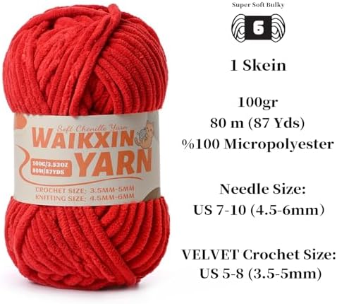 （2 Red） 2 Pack Super Soft Fuzzy Chenille Chunky Yarn for Crocheting, 200g (175yds) Velvet Fluffy Amigurumi Yarn for Hand Knitting Baby Blankets Weaving Craft