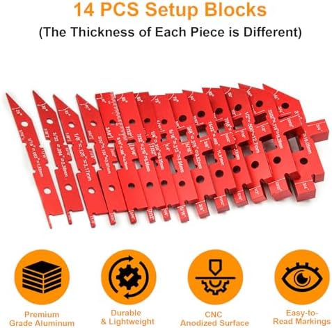 Table Setup Blocks for Woodworking, 14pcs Aluminum Alloy Precision Set up Bars, Precision Height, Depth, Angle & Fence Alignment Gauge Set - Router and Saw Accessories with Storage Case