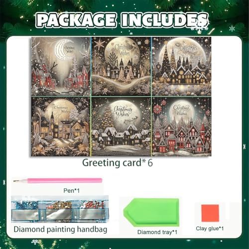 POETRYDRAW 6 Pack 5D DIY Diamond Art Painting Christmas Village Greeting Card Kit, Diamond Art Birthday Holiday Greeting Card, Crafts Kit Creative with Envelope