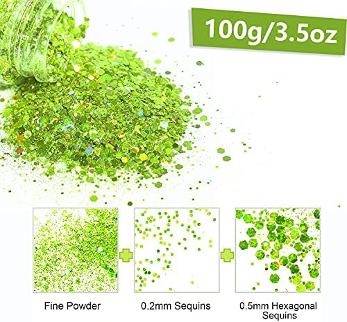 HEMOER Green Glitter, 100g/3.5oz Holographic Chunky Glitter Mixed Hexagon Chunky & Fine Flakes Iridescent Sequins for Epoxy Crafts, Resin, Nail Body, Tumblers, Party Decoration