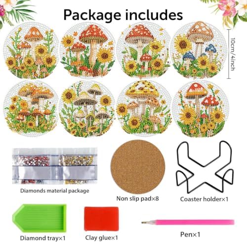 8 Pack Diamond Art Coasters Kits,Mushroom Diamond Painting Coasters