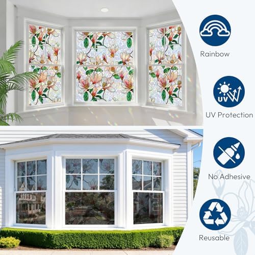 rabbitgoo Window Privacy Film Rainbow, Floral Magnolia, 23.6" x 78.7"