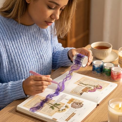 4 Rolls Aesthetic PET Tape for Journaling with Tweezers Dreamy Ribbon Scrapbooking Washi Tape Set Stickers Waterproof Transparent Sparkling Foil DIY Planner Crafts