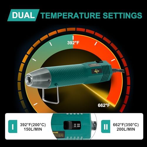 350W Heat Gun 2-Temp 392°F/662°F Hot Air Gun for Crafts & Shrink Tubing | 1.5s Fast Heat , Overload Protection, 6.56ft Cable, 2 Nozzles for Vinyl Wrap, Epoxy, Shrink Tubing, Crafting & DIY