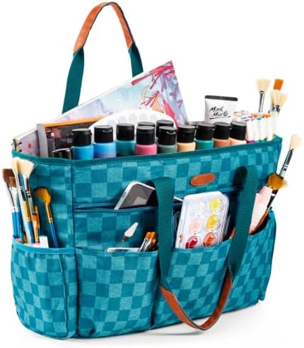 APOFFICE Large Craft Organizer Tote Bag with Multiple Pockets, Art Supply Storage Caddy with Removable Bottom Board and Shoulder Strap for Painting, Sewing, Scrapbooking and Classroom Supplies