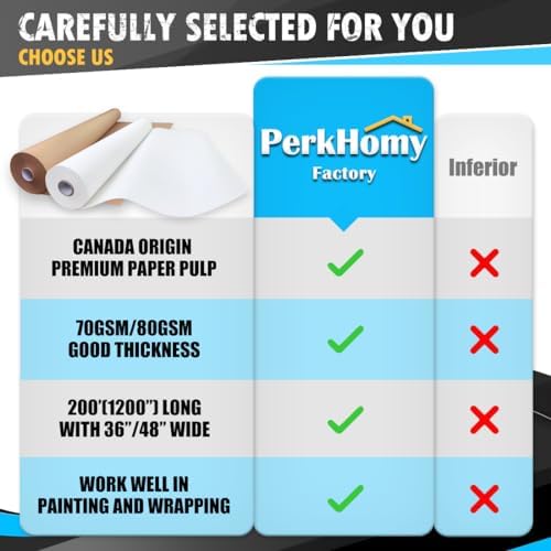 PerkHomy 48" x 2,400" (200') White Kraft Paper Roll for Craft Bulletin Board Paper Art Table Covering Crafting Gift Wrapping Bouquet Packing Parcel 80GSM 55LB (White, 48" x 200')