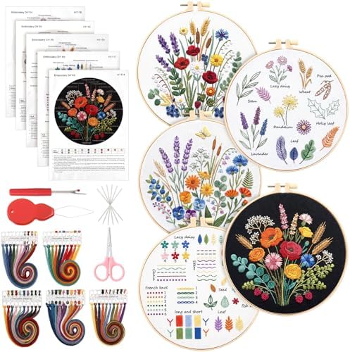 Yinder 5 Set Needlepoint Kits for Beginners Hoops Patterns,Flowers