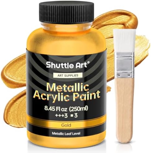 Shuttle Art Metallic Gold Acrylic Paint, 8.45 oz(250 ml) Gold Leaf Paint With Brush, Non Toxic, Non Fading Gold Paint for Crafts, Metal, Wood, Clay, Ceramic, Canvas, Furniture