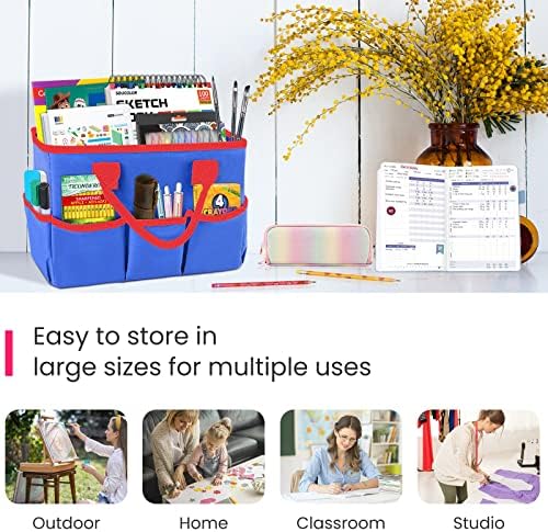 Desktop Tote and Organizer, Teacher Helper Bag for Arts, Books, Stationery, Office Desk, Make-up Storage with Handles for Travel (Blue)
