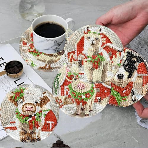 8 Pack Christmas Diamond Art Coasters Kits, (Cork Wooden Pad) 4x4 inch