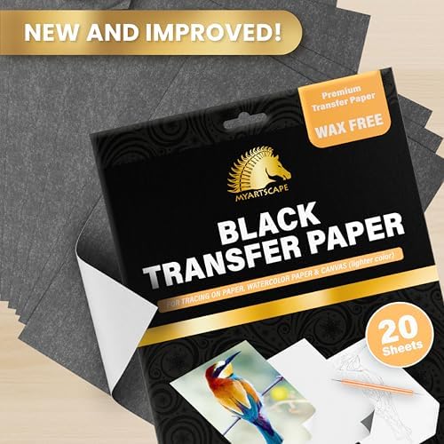 MyArtscape Graphite Transfer Paper - A4 Black 20 Sheets | Wax free graphite transfer paper with reusable erasable sheets for tracing on paper wood canvas and watercolor