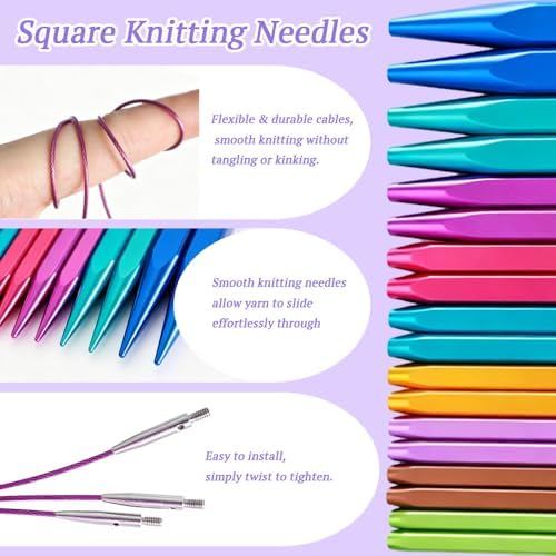 Yarniss 9 Pairs Square Circular Knitting Needles Set with Cable US 2.5~11