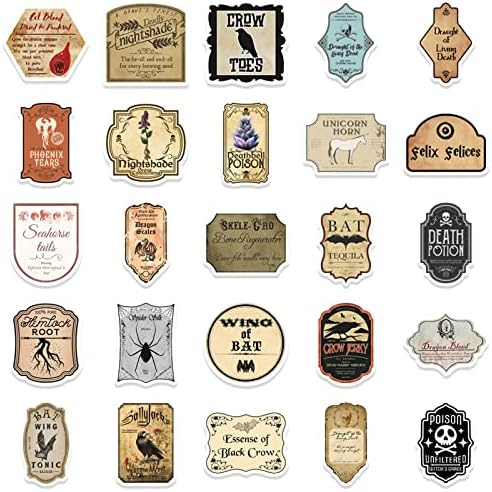 50 Pcs Potion Label Stickers Retro Aesthetic Party for Water Bottle Laptop Skateboard Luggage Guitar Car Motorcycle Bike Vinyl Waterproof Apothecary Sticker Pack Suitable