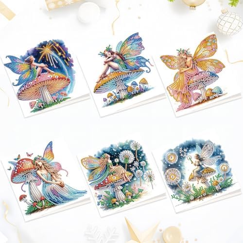 Tontut 6pcs Diamond Art Painting Kit Greeting Card, Genie on Mushroom 5D DIY Diamond Handmade Holiday Greeting Card with Envelope, Holiday Gift Congratulation