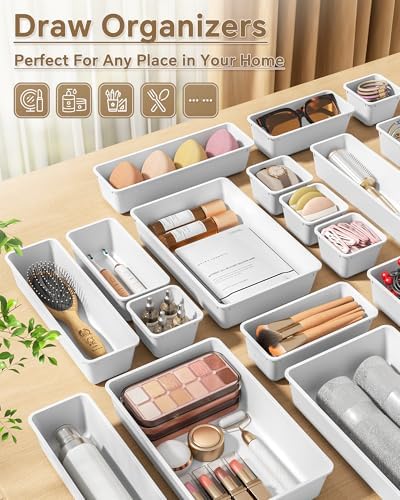 KEMETHY 25 PCS Plastic Drawer Organizers Set, 4 Sizes Vanity Organizer, Makeup and Desk Drawer Organizer Trays, Organization and Storage for Makeup, Bathroom, Kitchen Utensils and Office (White)