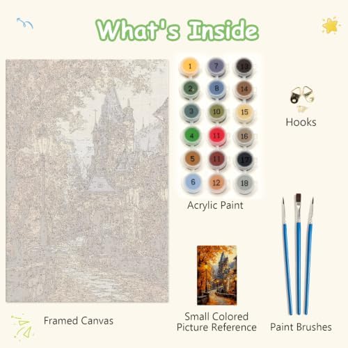 Spandrel Autumn Scenery Framed Paint by Numbers Kit for Adult Castle, Adult Paint by Number Kits on Canvas Landscape, DIY Acrylic Oil Easy Fall Painting by Numbers for Home Wall Decor, 8x12in