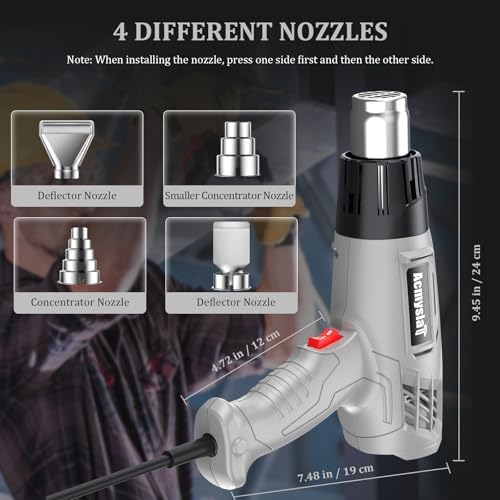 Heat Gun, Variable Temperature Settings 572℉~932℉ (300℃-500℃) | Heat Hot Air Gun Overload Protection with 4 Nozzles for Shrinking Wrap, Crafting, Paint Removing, Epoxy Resin (Gray)