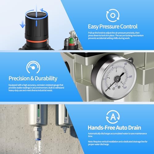 3/4" NPT Air Compressor Water Separator, Industrial 4 Stage Air Drying System for Compressor, High Flow Air Filter Regulator Auto Drain Oil Water Separator for Sandblasting & Spray Painting
