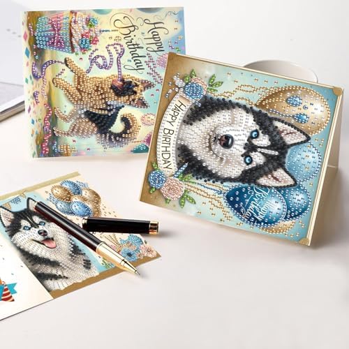 6 Packs Diamond Painting Greeting Card Kits Diamond Art Dog Laser Effect Greeting Cards Animal Special Shaped Diamond Art Greeting Card Arts Crafts for Christmas Birthday Thanksgiving Day(30x15cm)