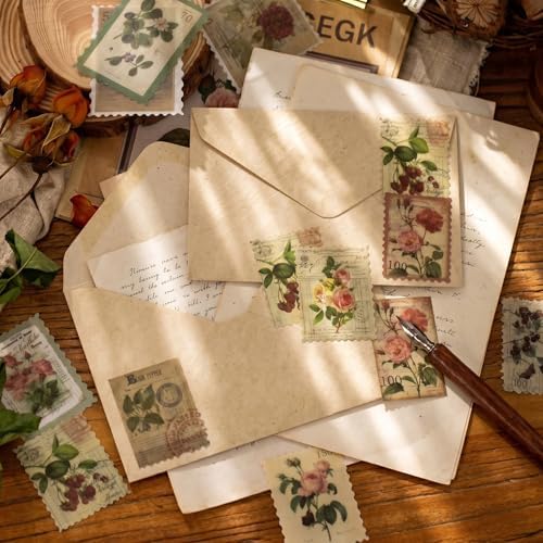 60pcs Vintage Postage Stamp Stickers, Aesthetic Botanical Deco Paper Sticker for Scrapbooking, Journaling Supplies, Planners, Kid DIY Art Crafts, Bullet Journal Ephemera