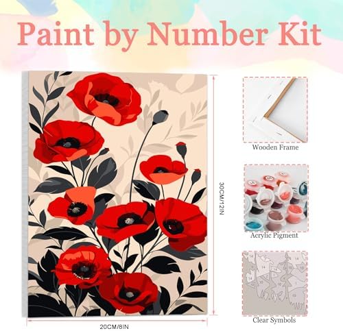 Auremi Flower Paint by Number Kits with Framed, DIY Flower Paint by Number Canvas for Adults, Easy Acrylic in Canvas with Brushes for Decor 20x30cm