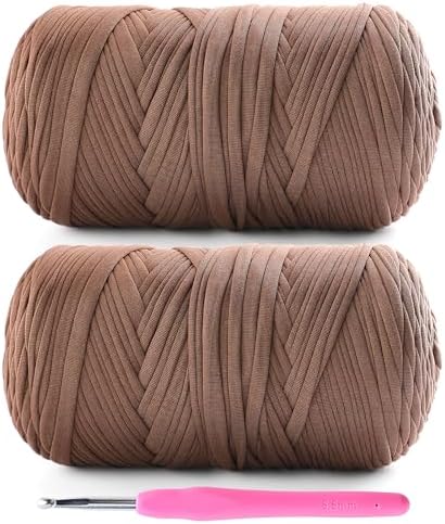 2 Pack T-Shirt Yarn for Crochet - 800 g/260 yds, Coffee, Soft Elastic Fabric, 1 Crochet Hook (2, G/6)