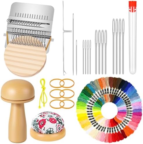 Meetory Knit Patch - Mushroom Mini Darning Loom, Knitpatch Kit with 14 Hooks Small Weaving Loom 14 Pcs Large Eye Needles 50 Color Threads for Handcraft DIY Weaving Repair Tool for Mending Jeans Socks